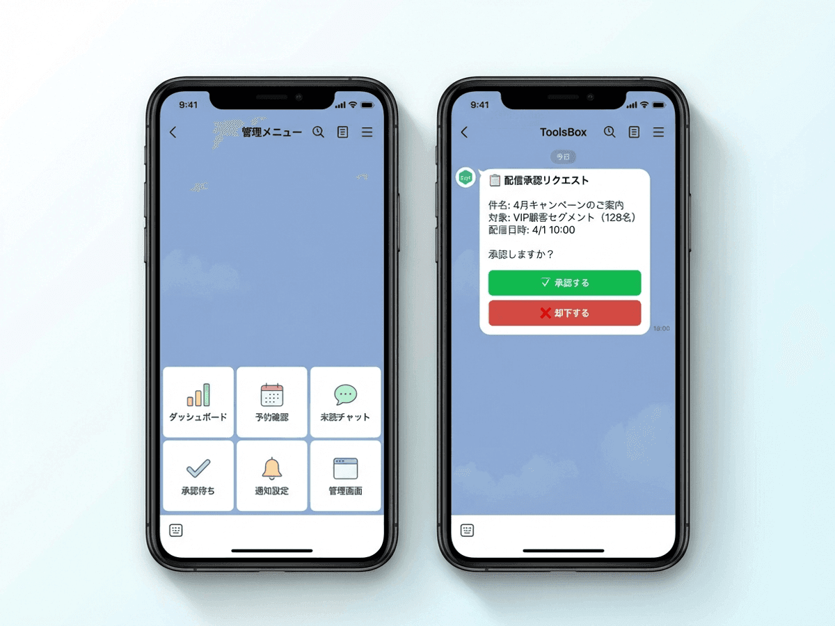 LINEリッチメニューと配信承認フローのスマホ画面