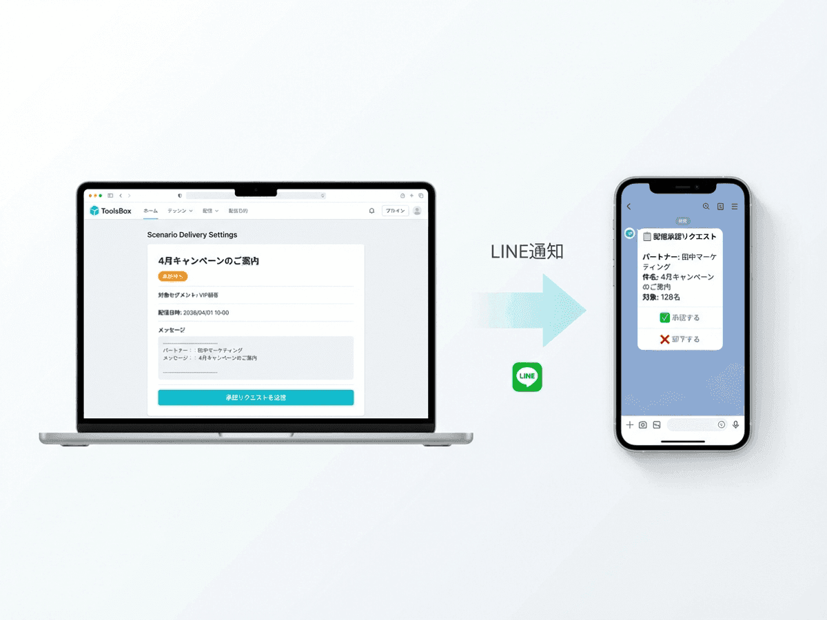 パートナーがPCで設定しオーナーがLINEで承認する協業フロー